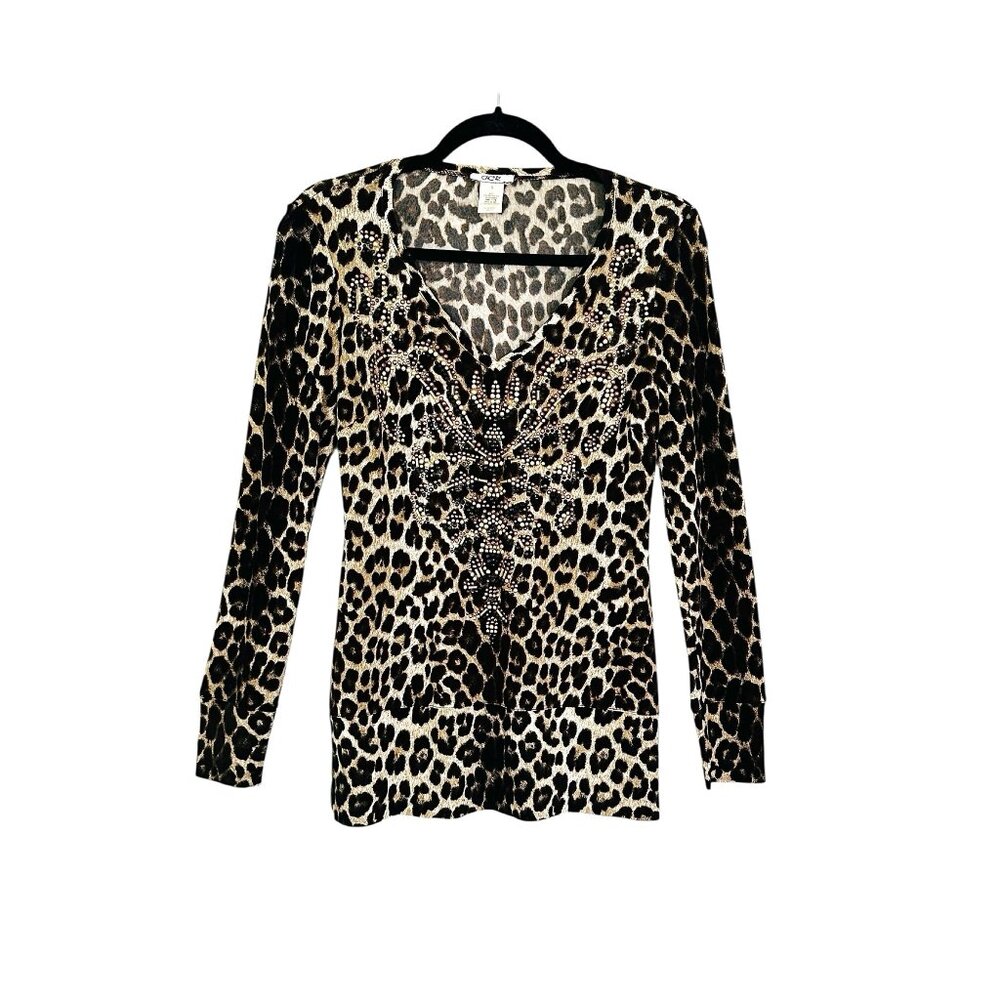 Cache Leopard Print Embellished V-Neck Long Sleeve Top
